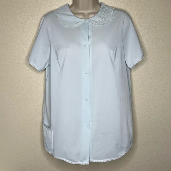 Vintage 80s Shadowline Pajama Top Light Blue Lace Trim Button Up Women Medium - Picture 13 of 13